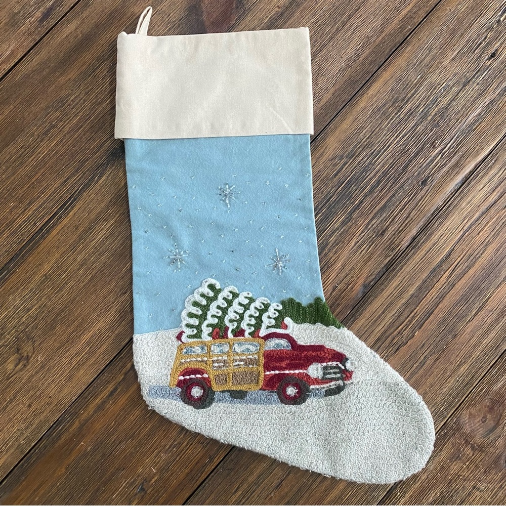 Pottery Barn 2013 crewel embroidered woody station wagon Christmas stocking